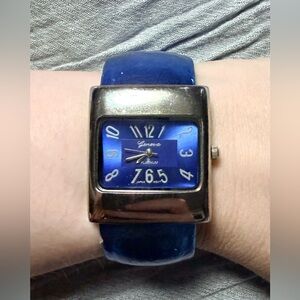 Geneva Blue Cuff Bangle Watch Rectangle Dial Y2K Style New Battery